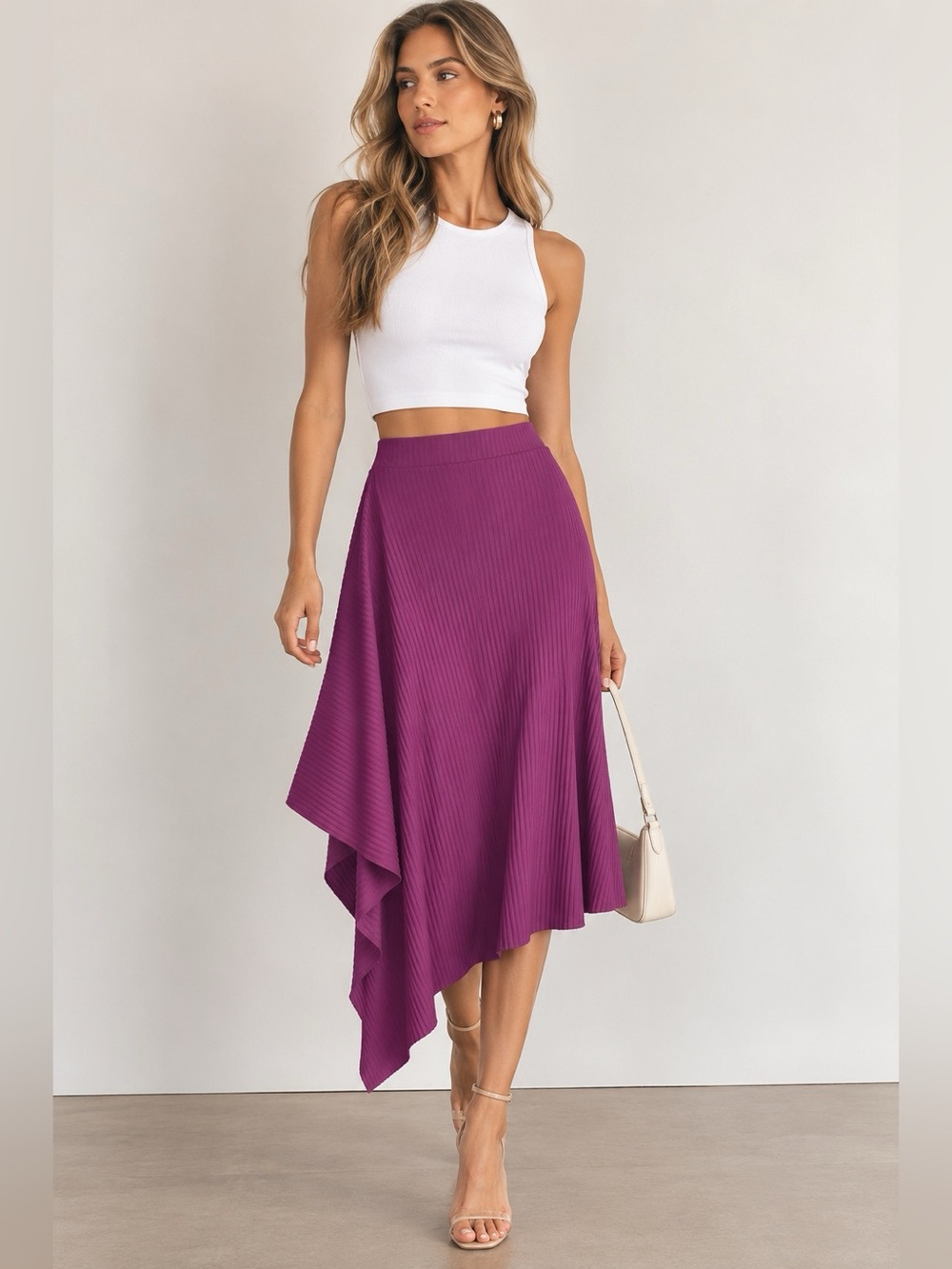 ZARA Trafaluc Purple Ribbed Asymmetric Draped Midi Skirt Size S